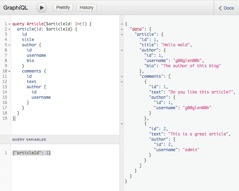 GraphiQL interface using query variables