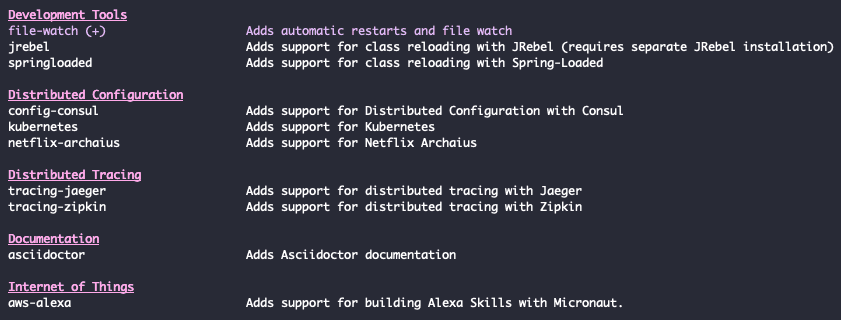 Screenshot of the features list within the Micronaut CLI